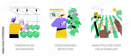 Smart technologies for modern farming isolated cartoon vector illustrations set. Greenhouse automation, crop diseases detection, analytics for crop yield forecast, data analysis vector cartoon.