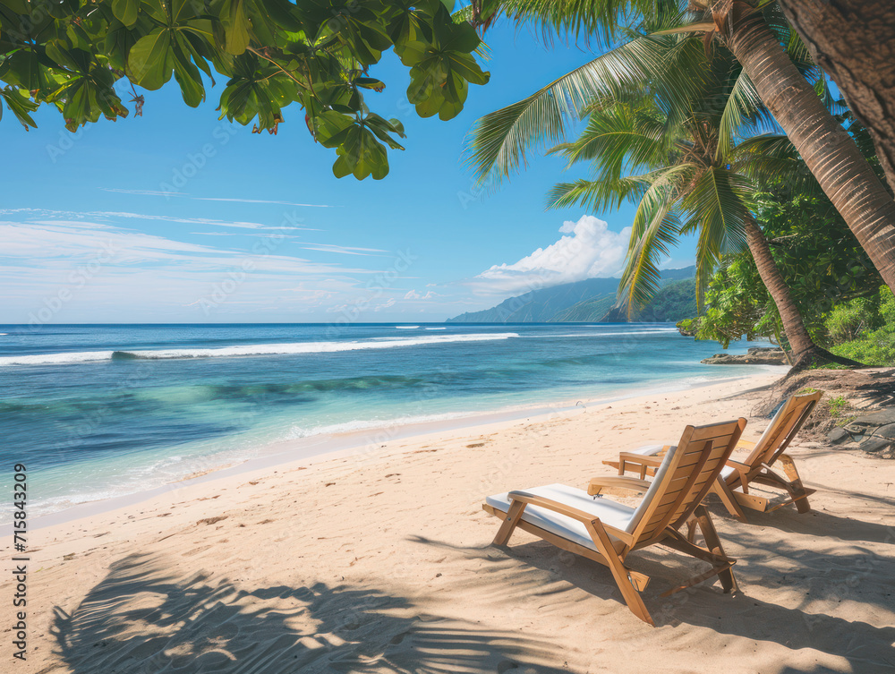 Luxury beach resort, beach chairs near the sea with white sand over sea tropical island background