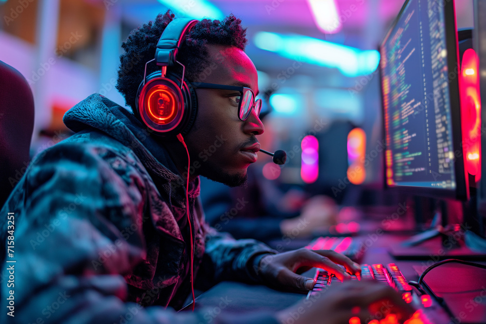 A Black Programmer, Headphones On, Fingers Flying Across a Keyboard - Amidst the Glowing Screens of a Modern Computer Lab, the Programmer in the Foreground is Focused and Determined, Weaving a Digital A Black Programmer, Headphones On, Fingers Flying Across a Keyboard - Amidst the Glowing Screens of a Modern Computer Lab, the Programmer in the Foreground is Focused and Determined, Weaving a Digital