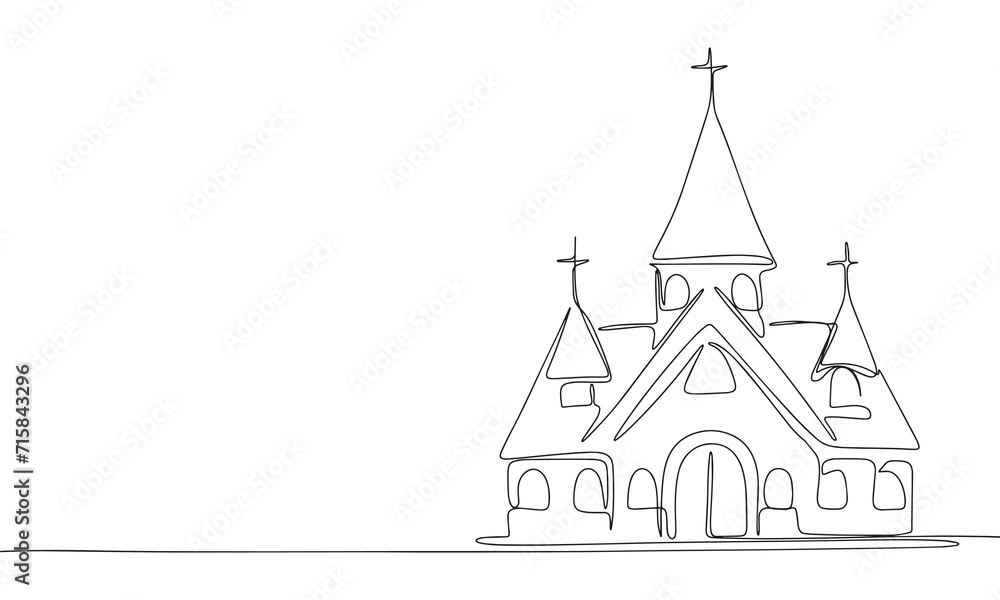 One line continuous church. Line art church isolated on white background. Hand drawn vector art.