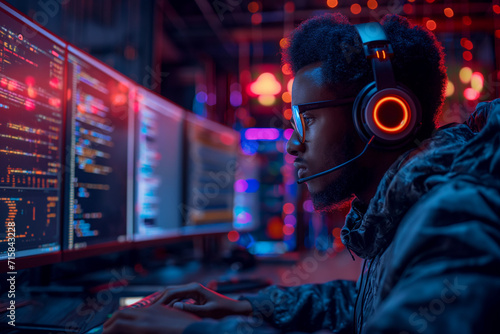 A Black Programmer  Headphones On  Fingers Flying Across a Keyboard - Amidst the Glowing Screens of a Modern Computer Lab  the Programmer in the Foreground is Focused and Determined  Weaving a Digital