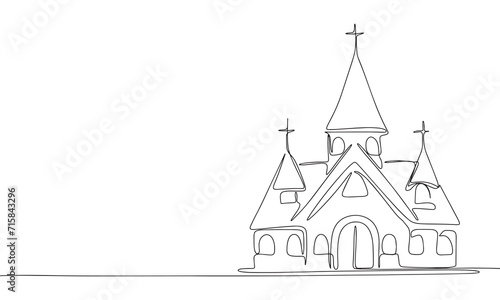 One line continuous church. Line art church isolated on white background. Hand drawn vector art.