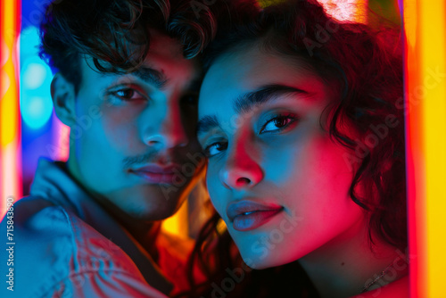 Portrait of a couple in neon light. Young handsome man and beautiful girl. © Olga Zarytska