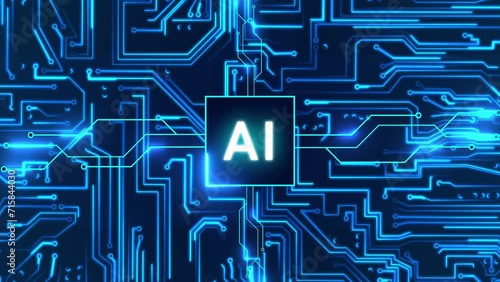 Circuit board with moving electrons and artificial intelligence AI. Data flow on a motherboard. Glowing circuit boards and electronic components. Concept of AI deep learning and AI technology. photo