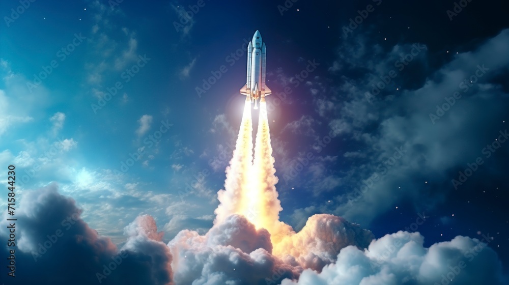 Obraz premium spaceship taking off from earth with a lot of takeoff smoke
