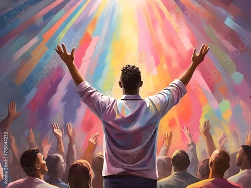 The man raises his hands to praise and glorify God. A man rejoices against the backdrop of an oil painting with a colorful pastel pattern. Generative AI