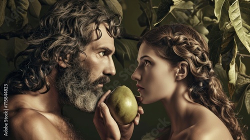 Eva giving the apple to Adam next to the tree in high resolution and quality