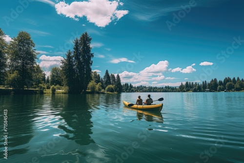 Canoes gently navigate a peaceful lake surrounded by dense woods under a bright blue sky adorned with soft clouds