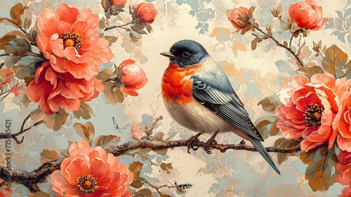 Very beautiful background with exotic flowers and birds © IRStone