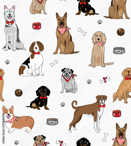 Seamless vector repeat pattern with happy dogs of various breeds and pedigree in natural dog colors on white background, surrounded by dog toys and bowls. Golden retriever, corgi, dachshund, pug
