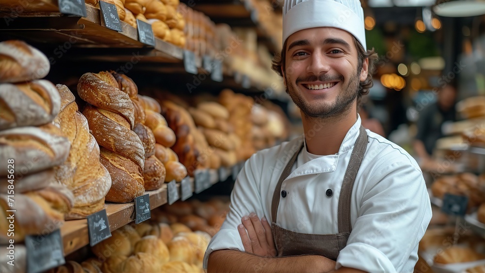 Attractive baker in bakery shop portrait, smile to camera. Small local business concept 