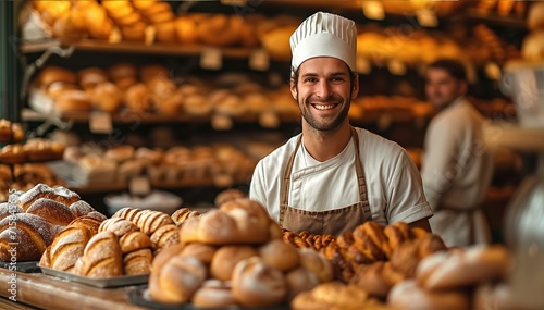 Attractive baker in bakery shop portrait, smile to camera. Small local business concept  photo
