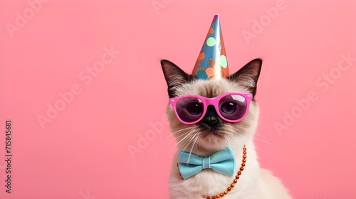 Creative animal concept. Siamese cat kitten kitty in party cone hat necklace bowtie outfit isolated on solid pastel background advertisement  copy text space. birthday party invite invitation