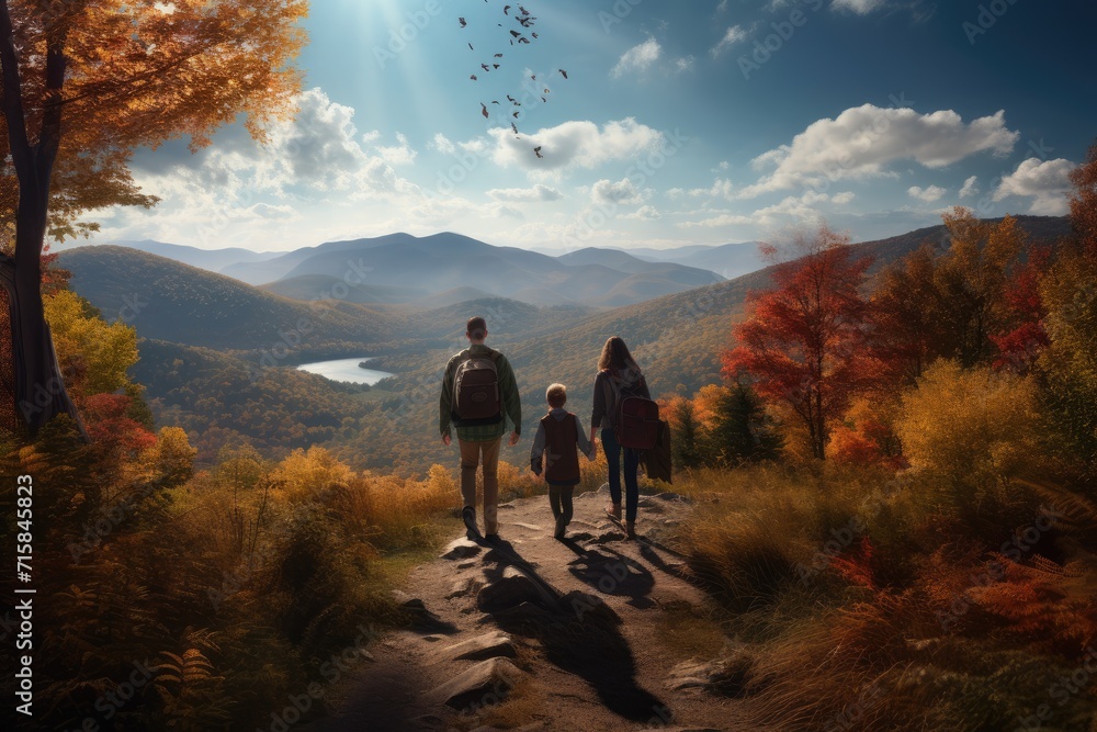 Obraz premium family hike through a stunning mountainous landscape on a crisp autumn morning, the golden hues of the season aglow with the rising sun