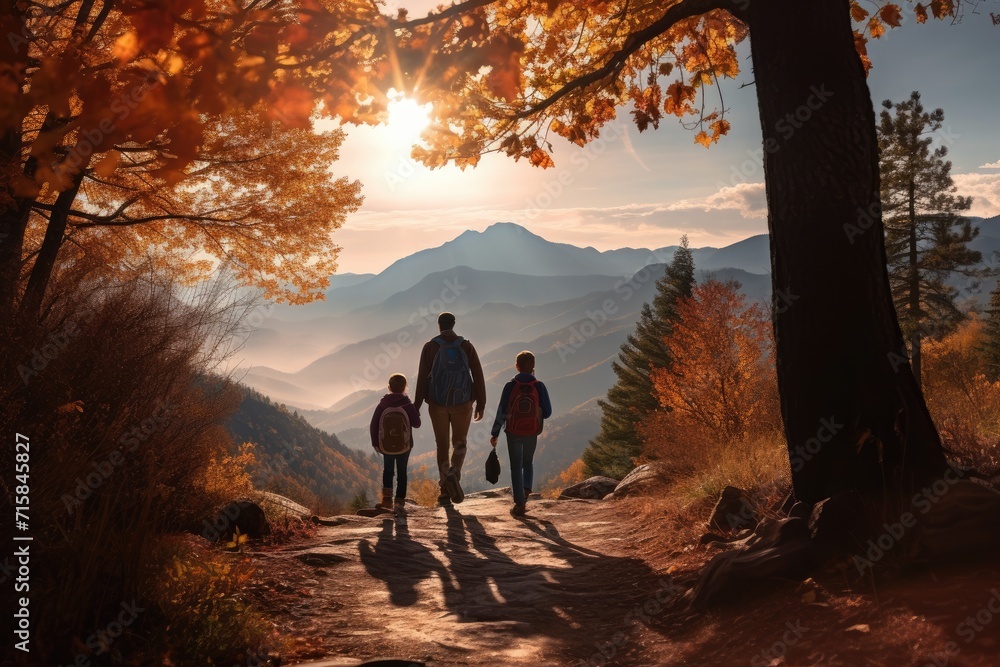 family hike through a stunning mountainous landscape on a crisp autumn morning, the golden hues of the season aglow with the rising sun