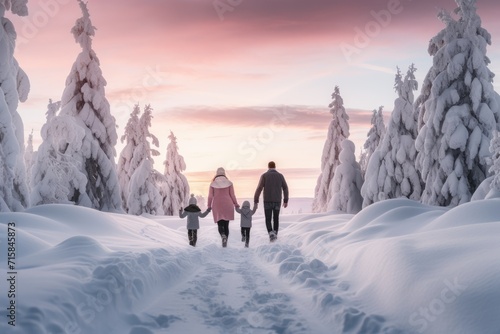 family of four, seen from behind, takes a tranquil walk through a snowy landscape, with sky of dusk above them