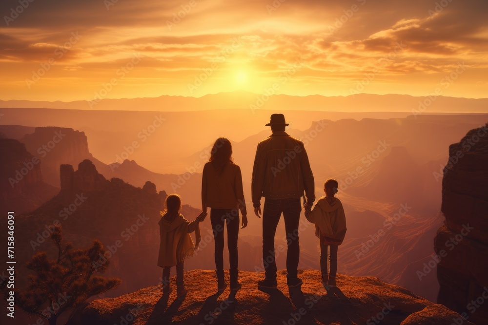 family stands hand in hand, silhouetted against the breathtaking view of a deep canyon bathed in the warm glow of the setting sun