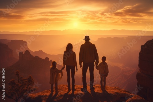 family stands hand in hand, silhouetted against the breathtaking view of a deep canyon bathed in the warm glow of the setting sun