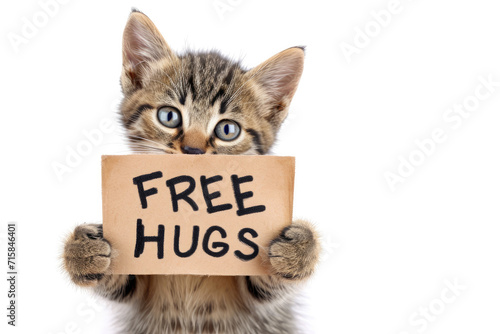 Charming Kitten with Free Hugs Sign on White Background