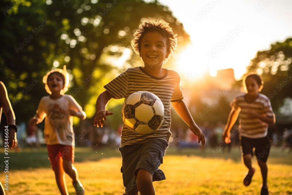 Obraz premium Gleeful children chase a rolling soccer ball in a park, their laughter echoing as the golden hour sun bathes the scene in a warm glow