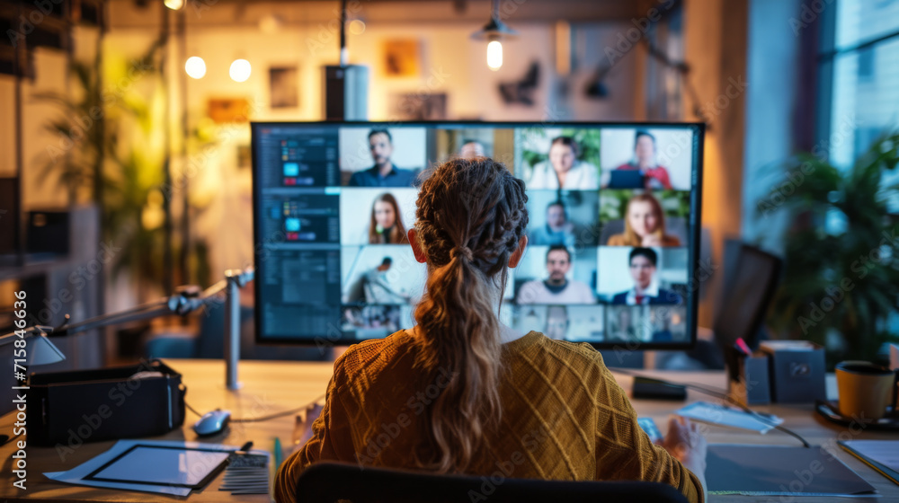 Person is participating in a virtual meeting with multiple people on a large computer screen.