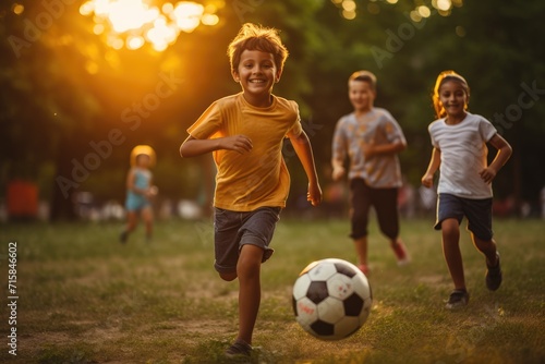 Gleeful children chase a rolling soccer ball in a park, their laughter echoing as the golden hour sun bathes the scene in a warm glow © gankevstock
