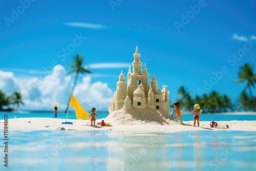 group of miniature figures brings a fantastical sand castle to life on a vibrant tropical beach, with the sun casting a radiant glow