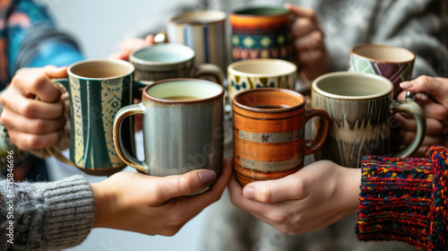 Multiple hands are raised, each holding a different type of coffee cup or coffee pot, showcasing a variety of colors and styles against a neutral background. photo