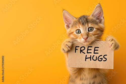 Charming Ginger Kitten Holding "FREE HUGS" Sign on Yellow Background Copy Space