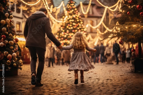 In the heart of a festive village, a father and daughter walk hand in hand, surrounded by the magic of twinkling Christmas lights and joy © gankevstock