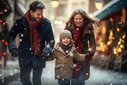 joyful family strides through a snow kissed town, laughter in the air, surrounded by the warm glow of festive lights, blurred background