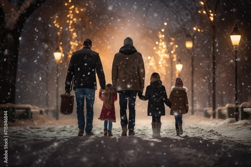 LGBT family embarks on an enchanting walk under the snow dusted trees, their path illuminated by the warm glow of street lamps