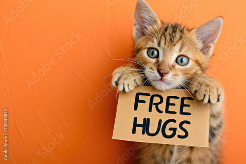 Adorable Tabby Kitten with "FREE HUGS" Sign on Orange Background Copy Space