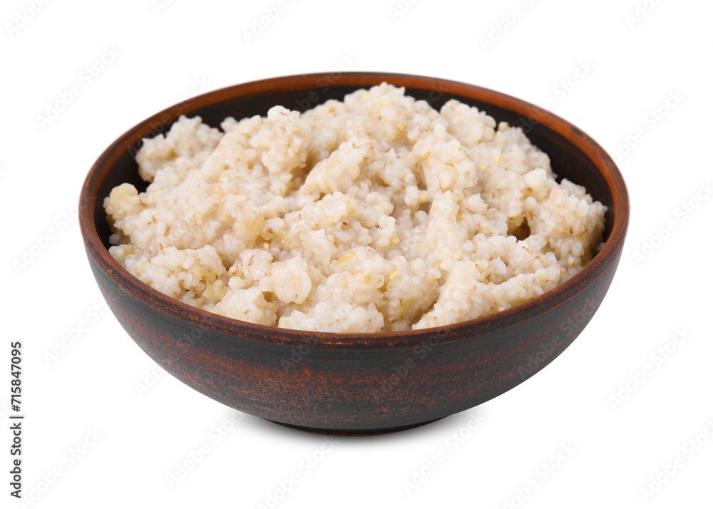 Delicious barley porridge in bowl isolated on white Delicious barley porridge in bowl isolated on white