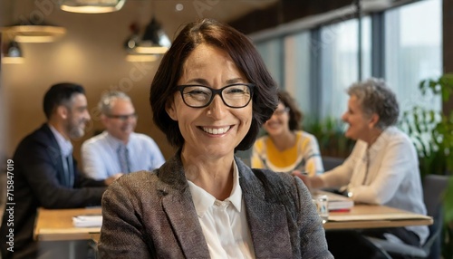  smiling middle-aged woman with glasses in a casual business meeting photo