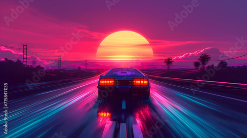 An 80s retro illustration of a car driving with a sunset view, exuding synthwave 80s vibes.
