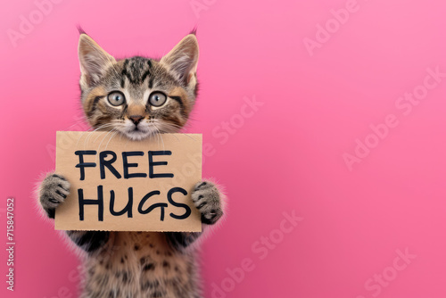 Playful Kitten Offering Free Hugs on Pink Background. Copy Space
