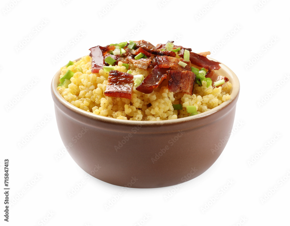 Tasty millet porridge with bacon and green onion in bowl isolated on white Tasty millet porridge with bacon and green onion in bowl isolated on white