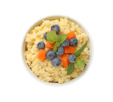 Tasty millet porridge with blueberries, pumpkin and mint in bowl isolated on white, top view