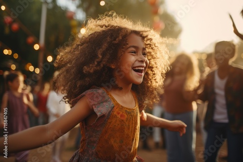  young girl with radiant curly hair dances in the soft glow of sunset, her laughter harmonizing with the festive ambiance of the park