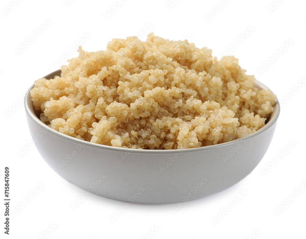 Tasty cooked quinoa in bowl isolated on white Tasty cooked quinoa in bowl isolated on white