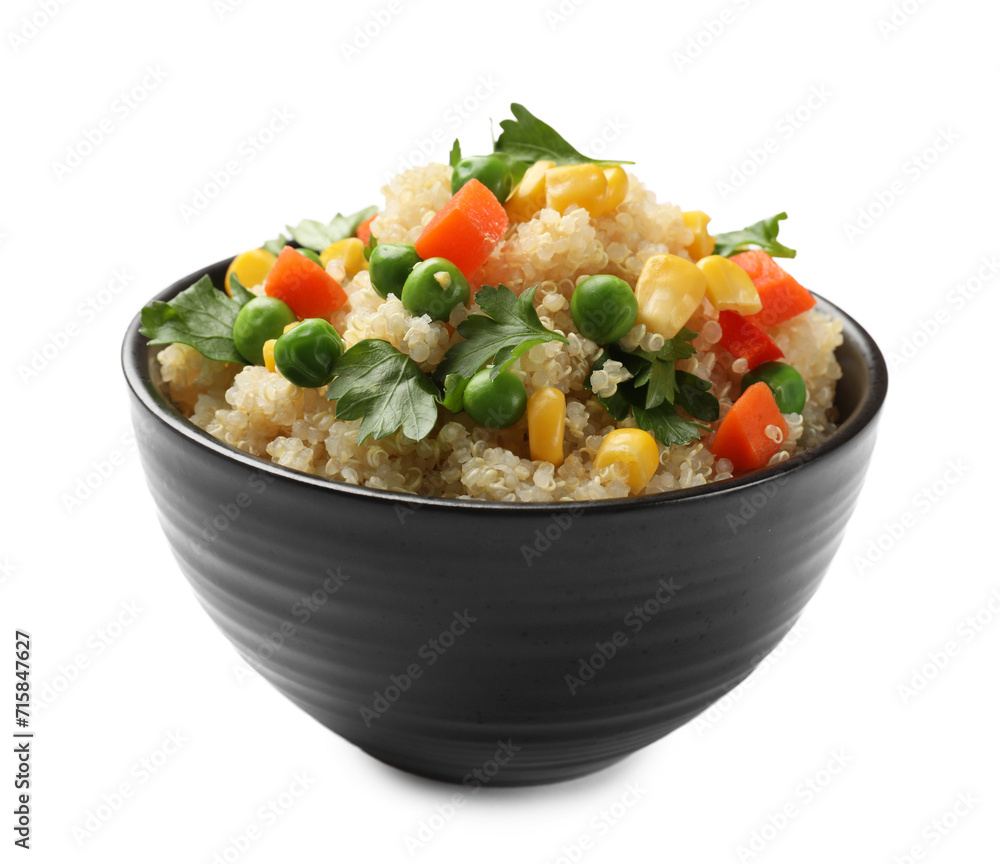 Tasty quinoa porridge with vegetables and parsley in bowl isolated on white