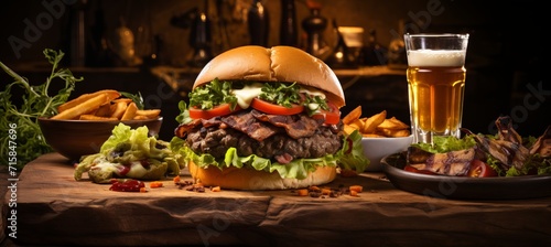Burger with fresh salad and beer - delicious fast food with refreshing drink on light background