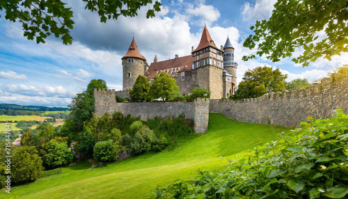 Historic castle on a hill, surrounded by lush greenery and a medieval stone wall