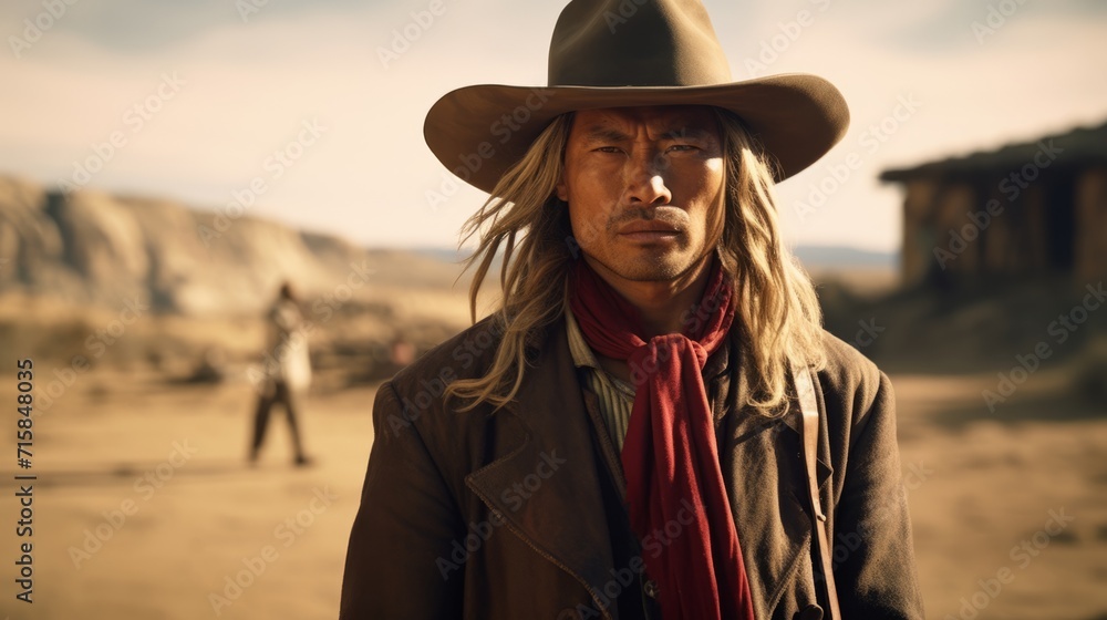Photorealistic Adult Chinese Man with Blond Straight Hair retro Illustration. Portrait of a person in western movie vintage style. Cowboy spirit Ai Generated Horizontal Illustration. Photorealistic Adult Chinese Man with Blond Straight Hair retro Illustration. Portrait of a person in western movie vintage style. Cowboy spirit Ai Generated Horizontal Illustration.