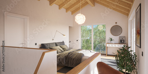 cozy luxury scandinavian style attic bedroom in a european family home with wooden roof planks and parquet