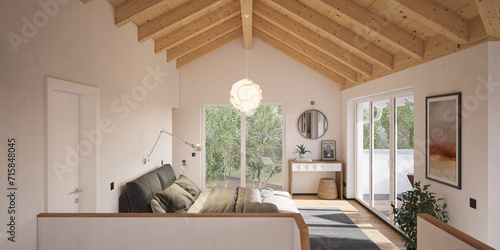 cozy luxury scandinavian style attic bedroom in a european family home with wooden roof planks and parquet
