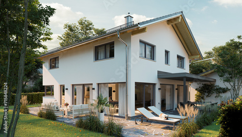 nice new build attached family house with garden and big windows with trees and bushes in europe