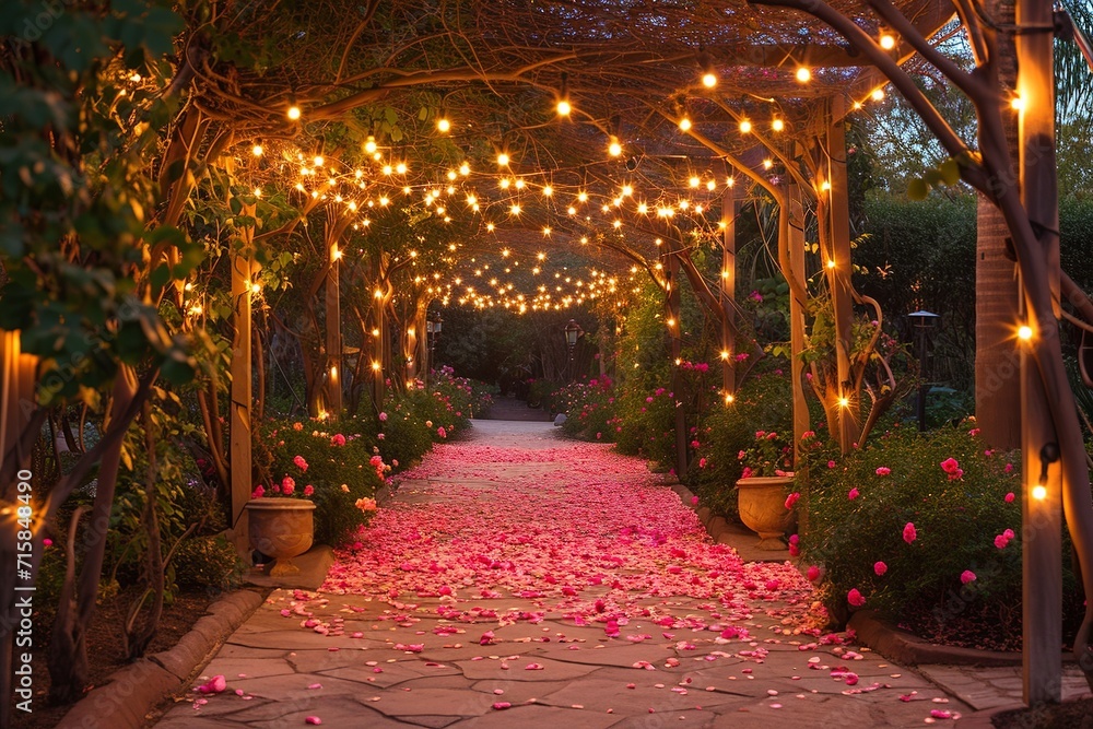 Step into a serene garden at twilight, where a pathway adorned with delicately strewn rose petals beckons you to embark on a journey of exploration Step into a serene garden at twilight, where a pathway adorned with delicately strewn rose petals beckons you to embark on a journey of exploration
