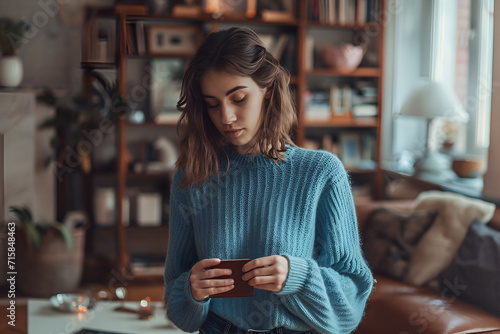 A young woman in a blue sweater sadly holding a wallet photo